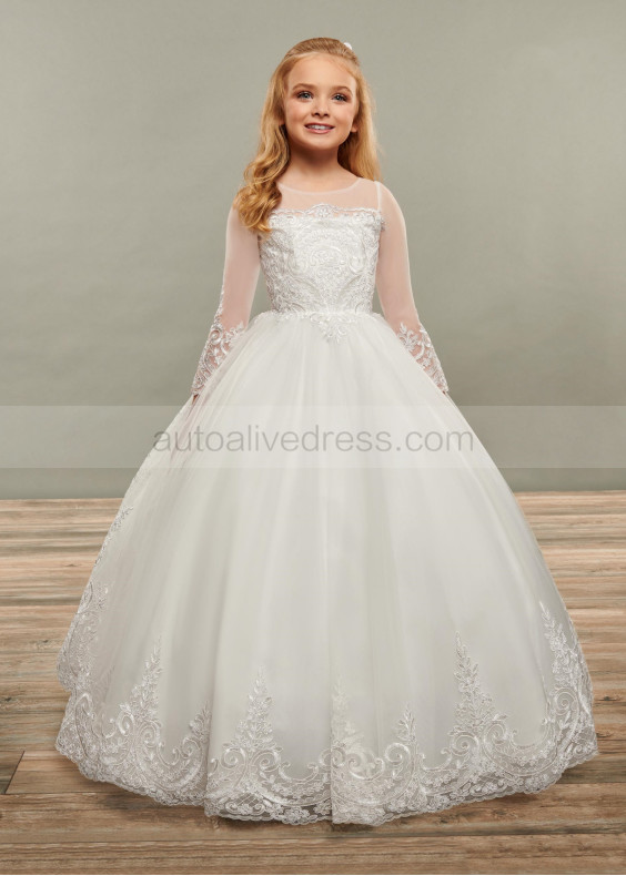 Sheer Long Sleeves Ivory Lace Tulle Flower Girl Dress